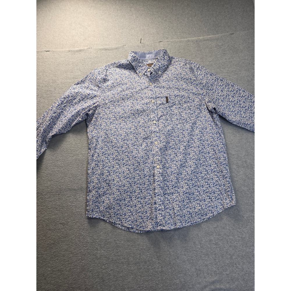Ben Sherman Mens XL Blue Floral Button Down Shirt Long Sleeve Cotton Classic‎